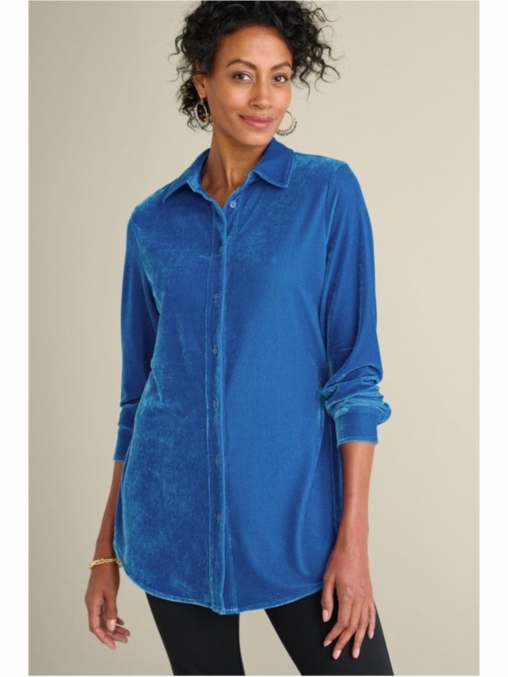 Soft Surroundings Boyfriend Blue Velvet Tunic Shirt - Picture 2 of 10